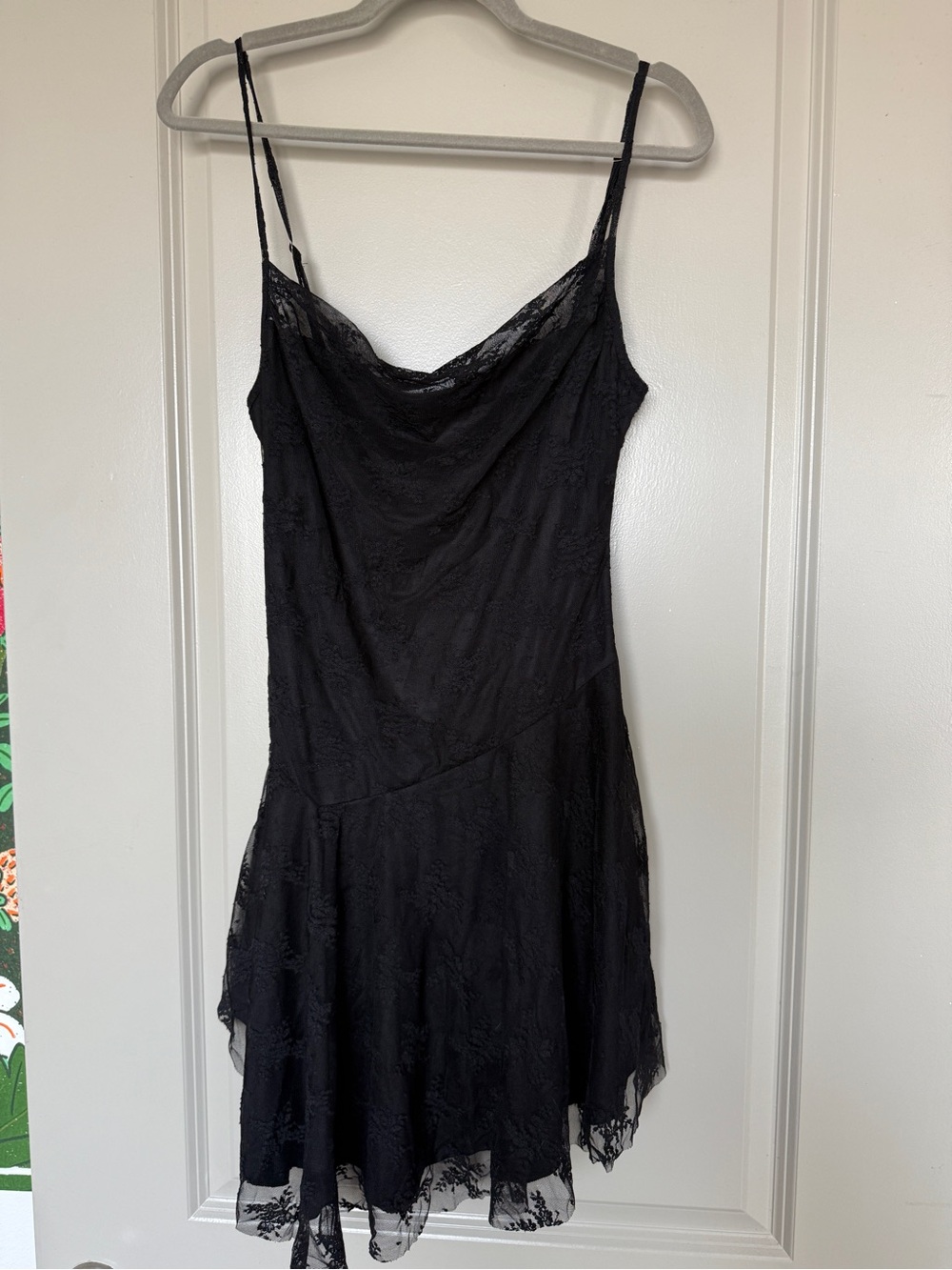 NWT VICTORIA + SOPHIA Black Lace Cowl Neck Mini Dress Floral Asymmetrical Flowy